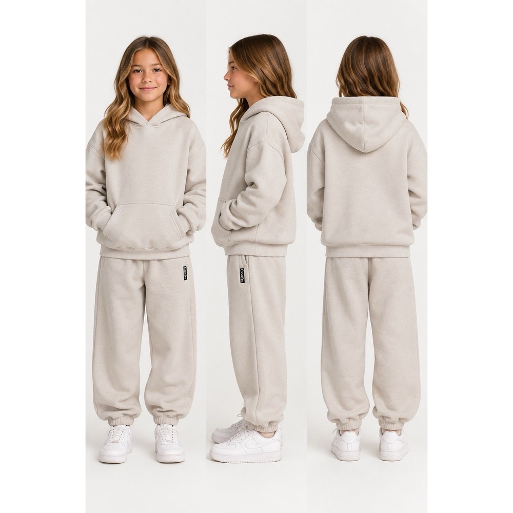Comfrt Kids XL Hoodie Sweatpants Set Cotton Beige Oversized Fleece 2 Piece